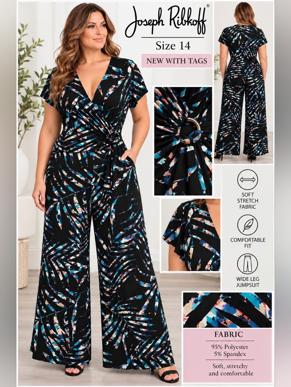 NWT Joseph Ribkoff Black Multi Wrap Wide Leg Jumpsuit Size 14
